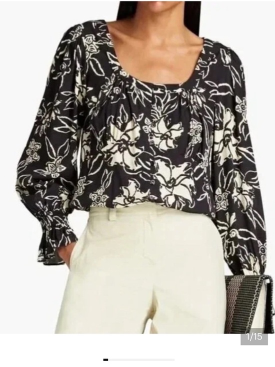 ba&sh Tops - Ba&sh Sessee Floral-Print Blouse in Black and Ecru, Size US 4.